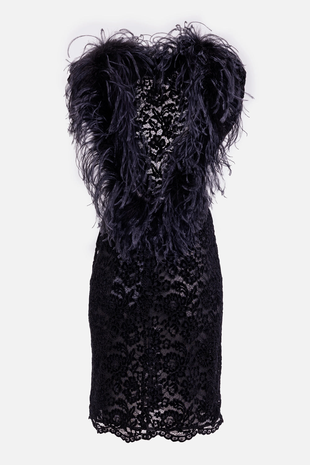 DES PHEMMES women's black pencil dress, back view with cascading feather trim, floral lace and scalloped hem
