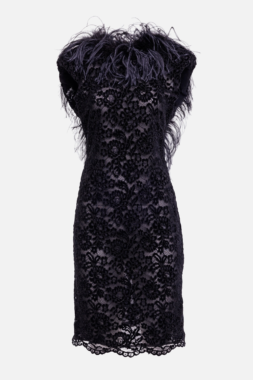 DES PHEMMES women's black pencil dress, front view with flock lace, feather-trimmed shoulders and scalloped hem