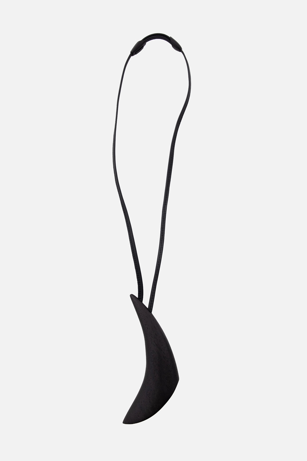 Monies women's pendant necklace in black, front view, adjustable leather cord and crescent acacia pendant