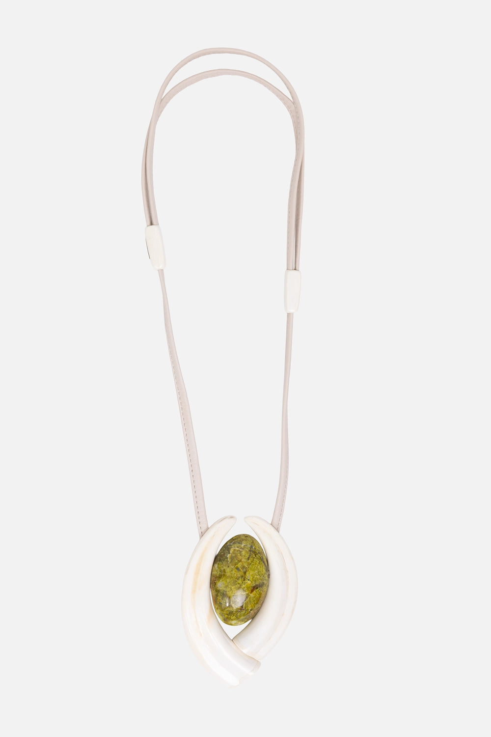 Not confirmed unisex pendant necklace in ivory/green, front view, adjustable leather cord with smooth sliders and tusk-framed stone