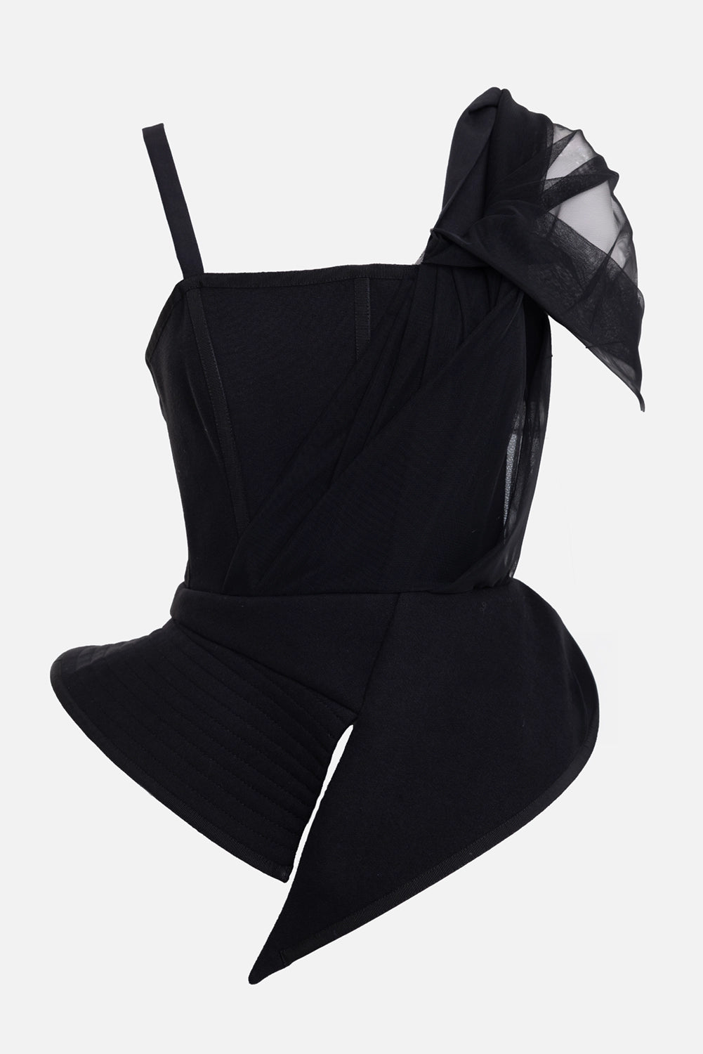 Sehnsucht Atelier women's peplum corset top in black, side view, exposed back zip and tulle drape