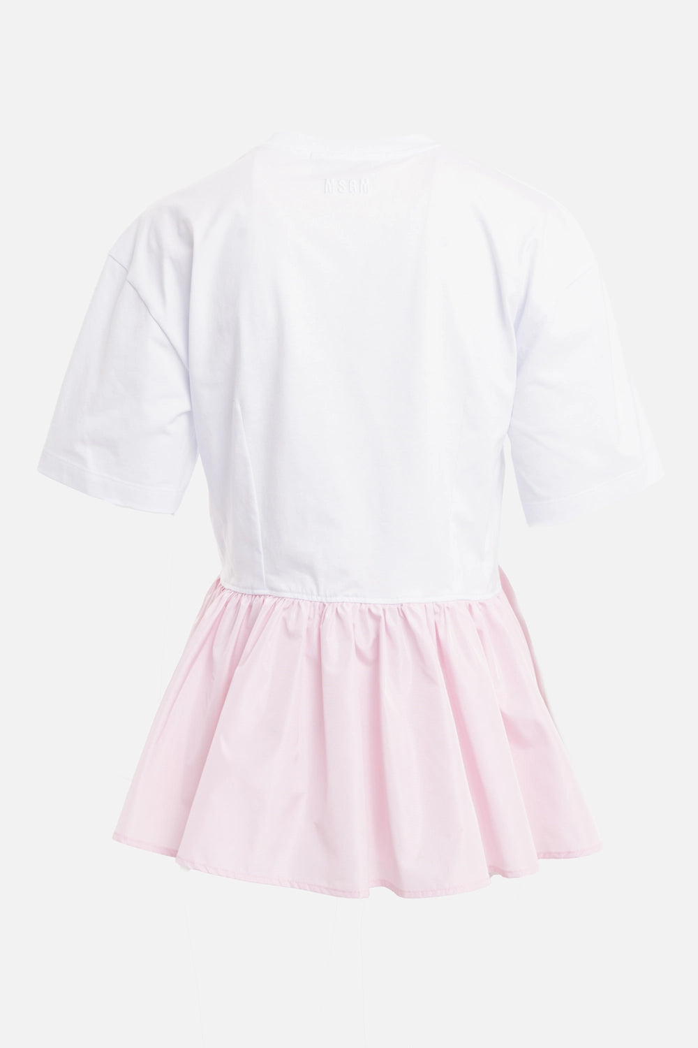 MSGM women's peplum T-shirt in white/pink, back view with short sleeves and gathered pink peplum
