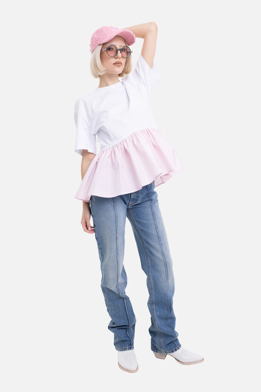 MSGM women's peplum T-shirt in white/pink, on-model full-length with flared ruffle over denim