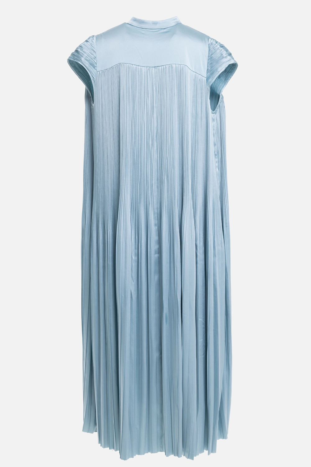 JOSEPH women's Phare dress in Chambray, back view, pleated satin panel and smooth shoulder yoke