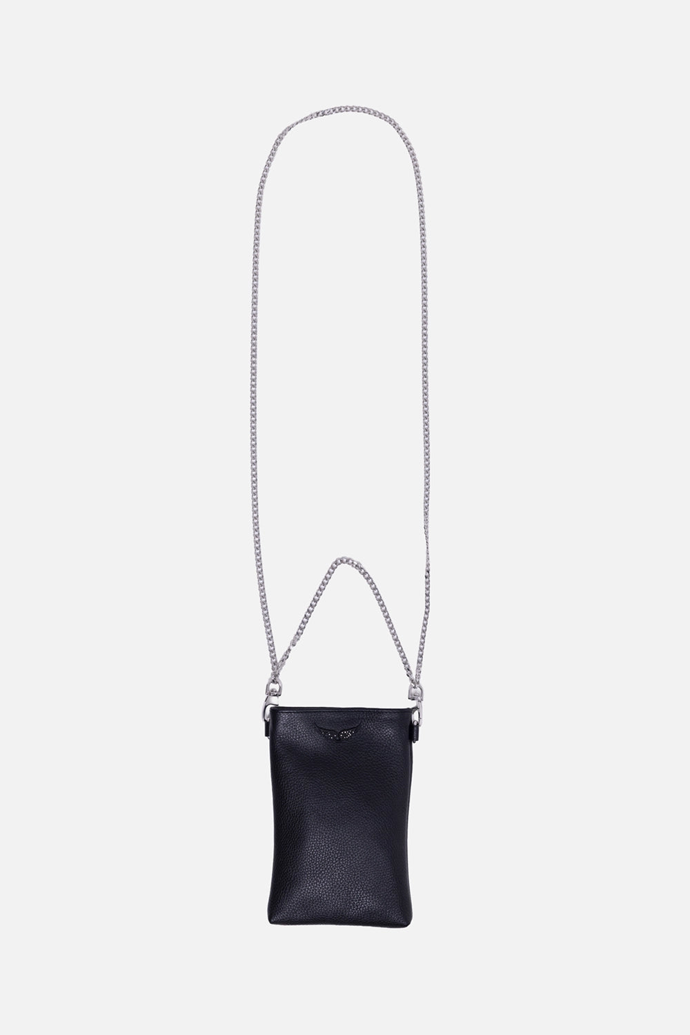 Zadig&Voltaire women’s phone pouch in black, front view, long silver chain strap and slim vertical shape