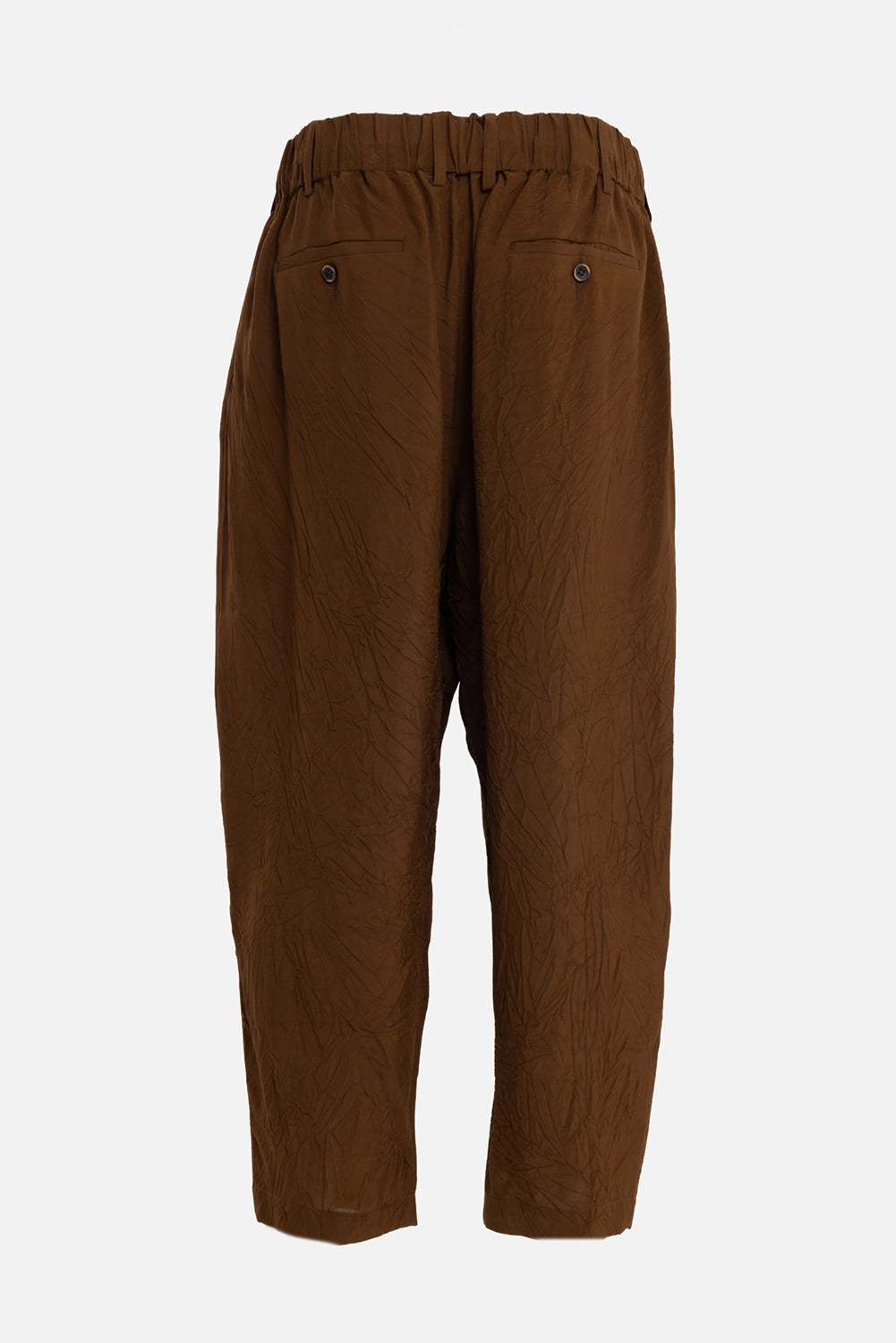 Uma Wang men's pigiama pants in mustard, back view, buttoned welt pockets and gathered waistband