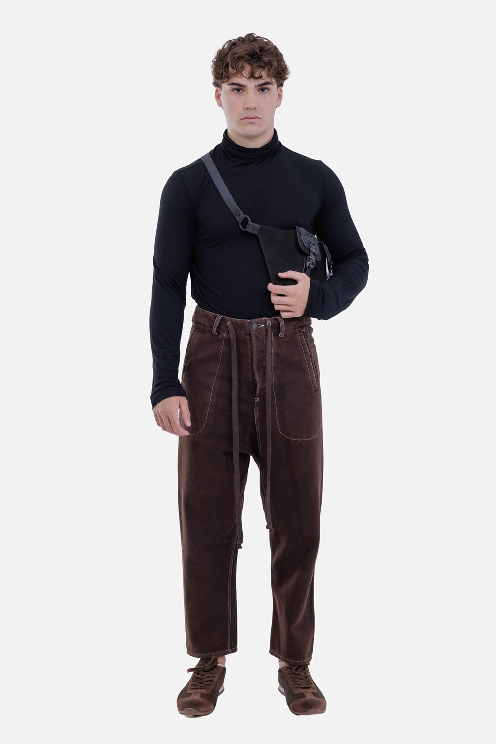 Uma Wang men's brown Pijama trousers, full-length on-model view with dropped crotch and long drawstring ties