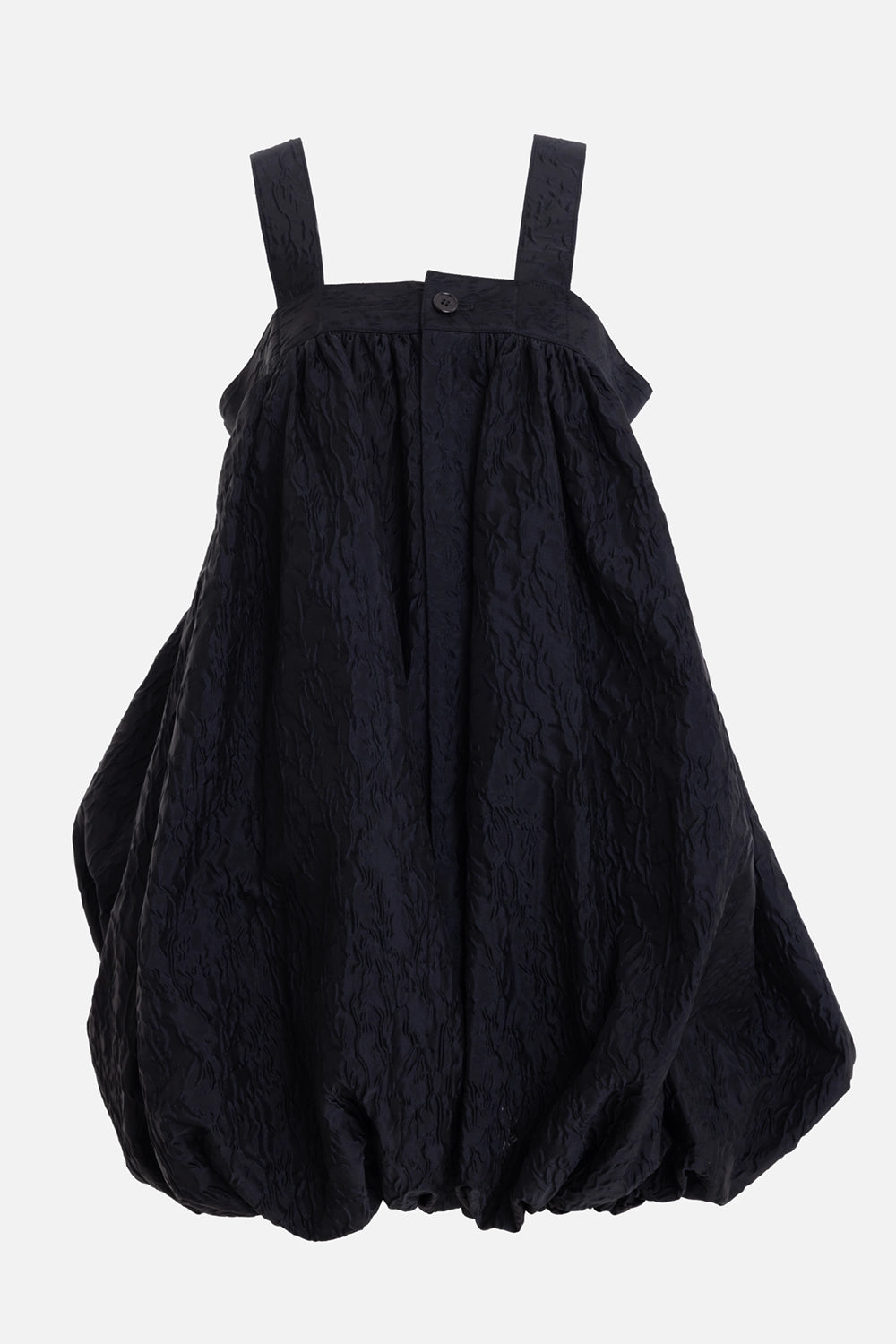 noir kei ninomiya women's pinafore trousers in black, front view, wide straps and gathered bubble hem