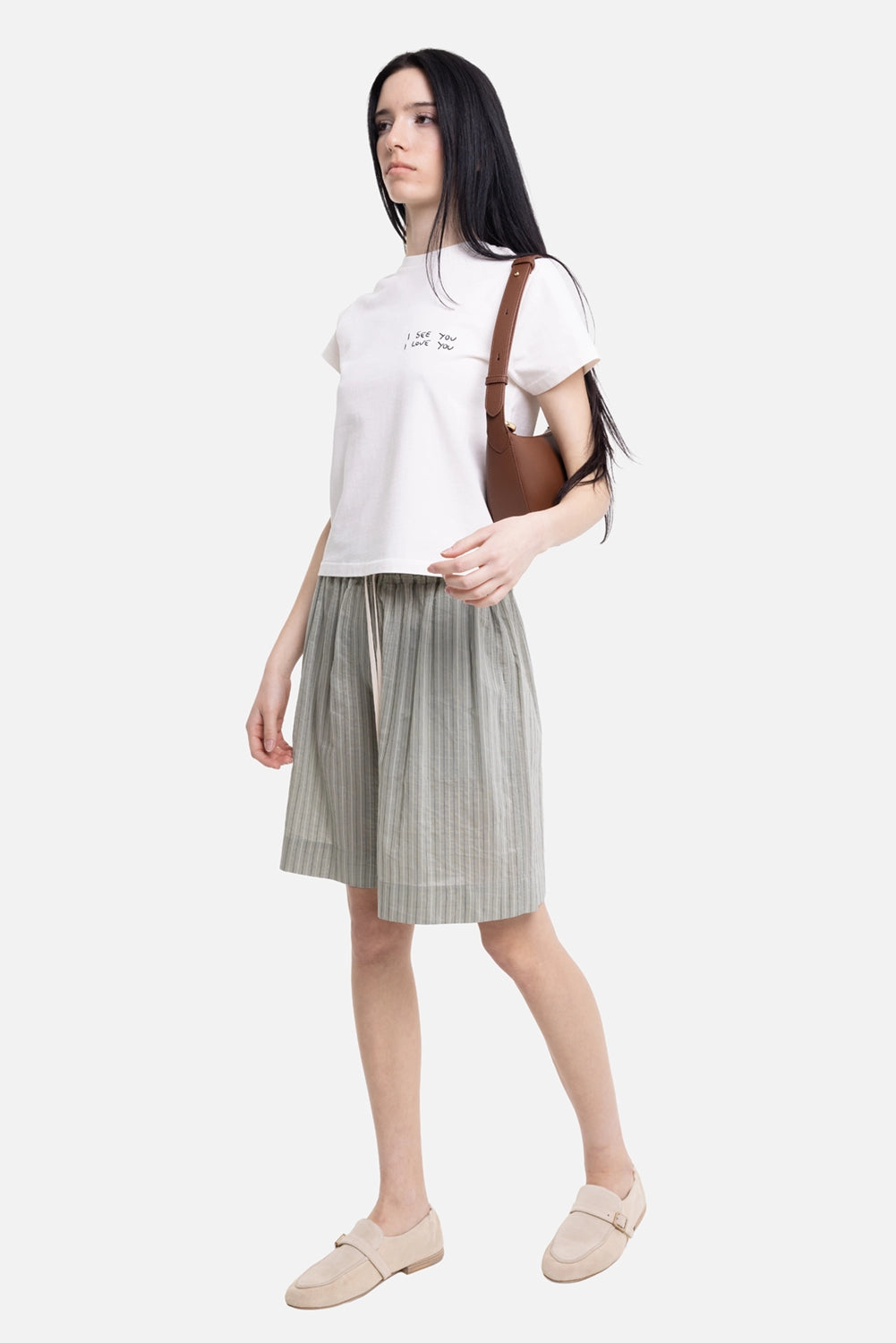 Gentry Portofino women's bermuda shorts in salvia, on-model full-length view, relaxed leg and pinstripe fabric