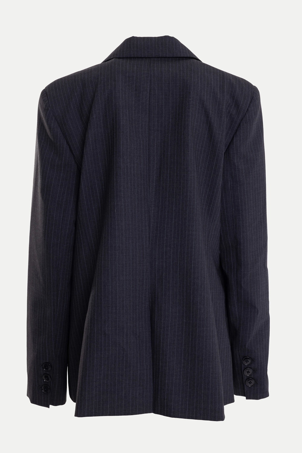 Torishéju women's blazer in black, back view, fine pinstripes with centre seam and three-button cuffs