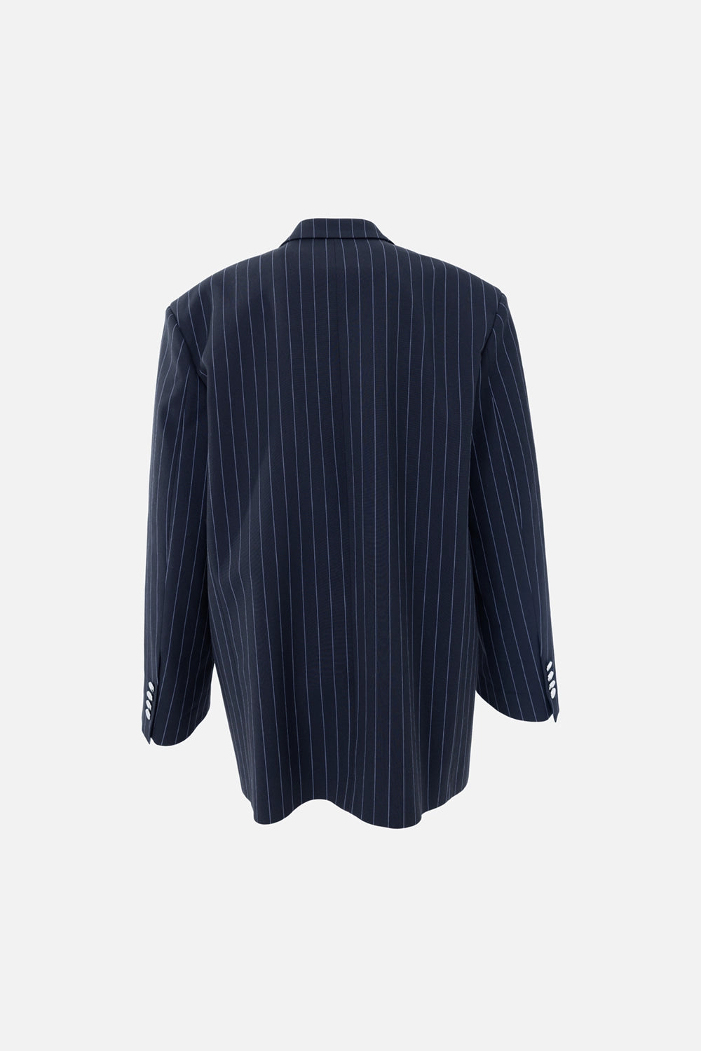 Pre-owned The Attico women's pinstripe blazer in navy, back view, longline cut with structured shoulders