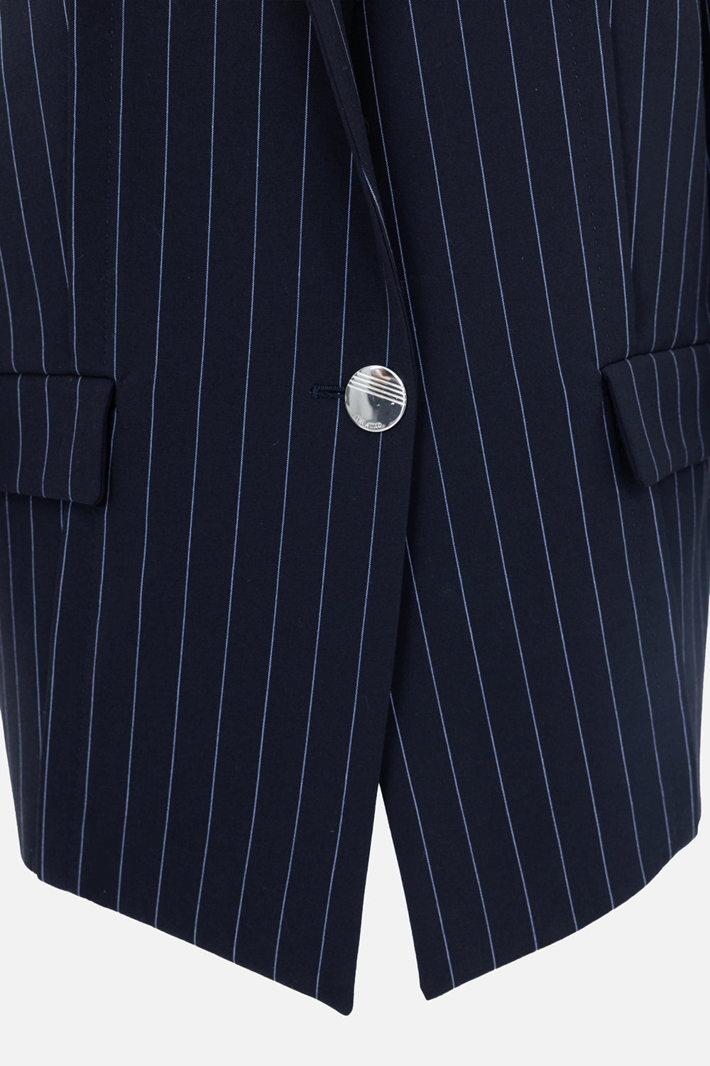Pre-owned The Attico women's pinstripe blazer in navy, close-up, striped fabric and metal button detail
