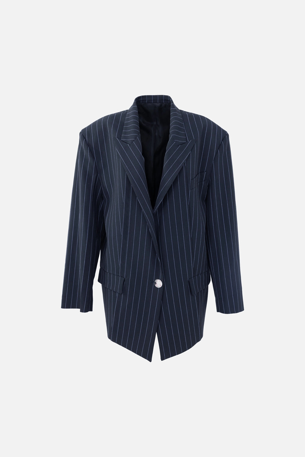 Pre-owned The Attico women's pinstripe blazer in navy, front view, single-button closure and flap pockets