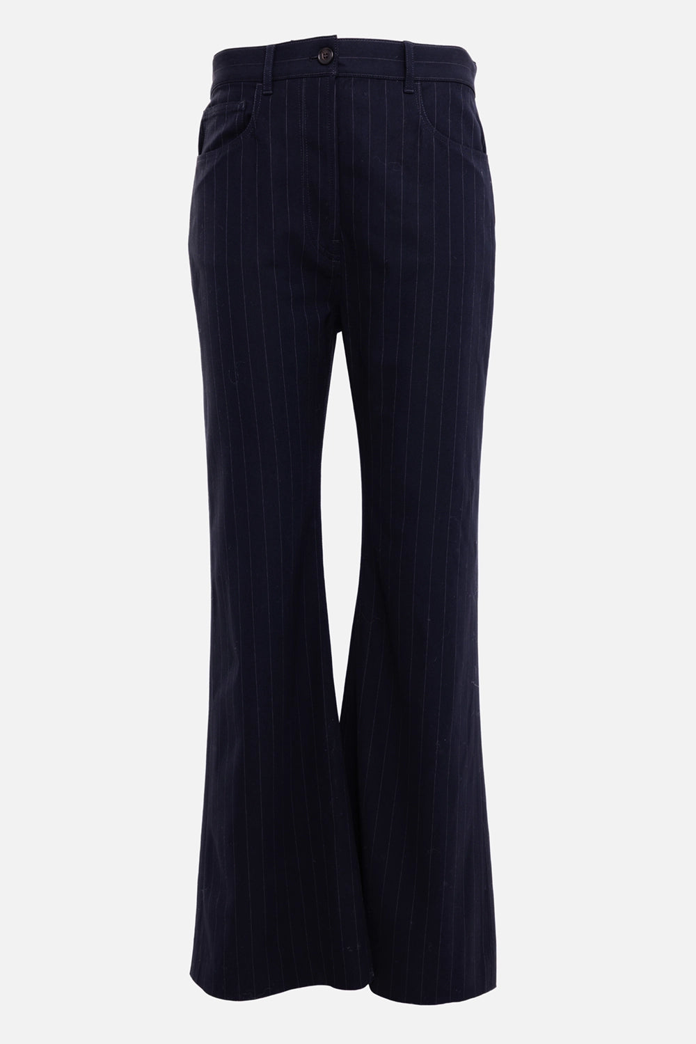 Acne Studios women's pinstripe trousers in navy, front view with belt loops, side pockets and flared legs