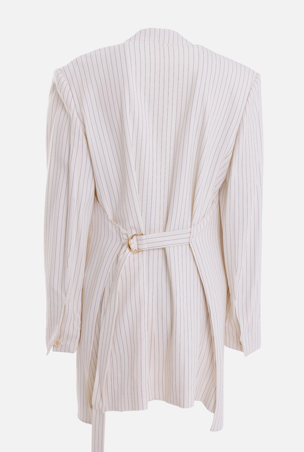 Chloé women's pinstripe longline jacket in buttercream, back view, self belt with gold ring hardware