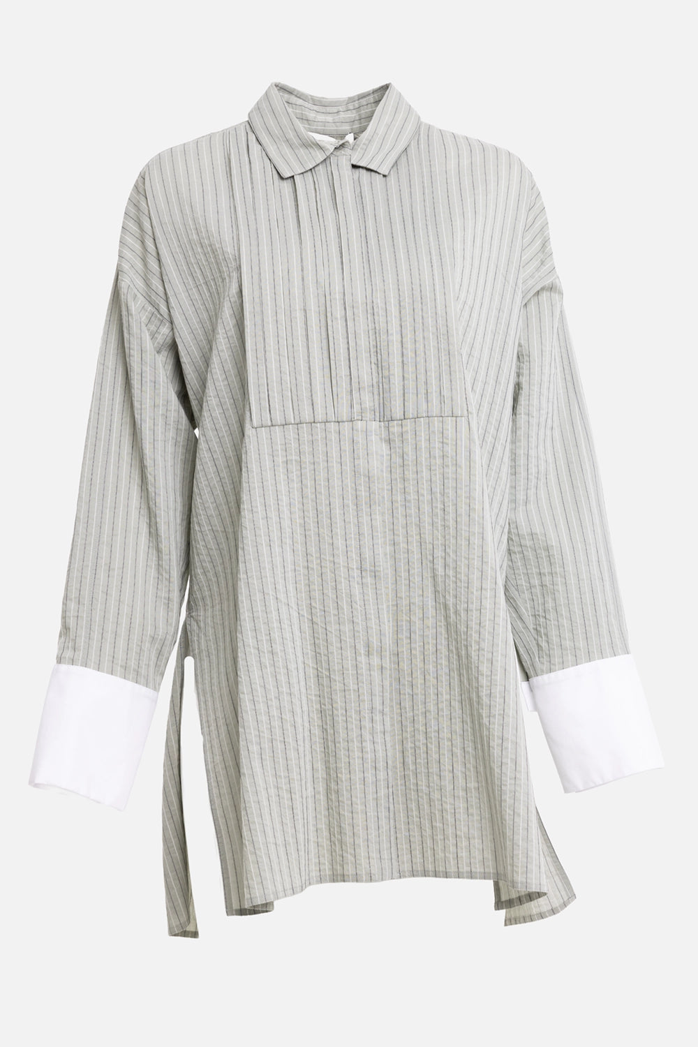 Gentry Portofino women's shirt in salvia, front view, fine pinstripes, bib front and white extended cuffs
