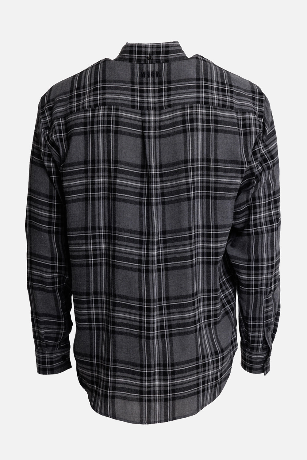 MSGM men's grey plaid shirt, back view with shoulder yoke, central pleat and logo embroidery below the collar