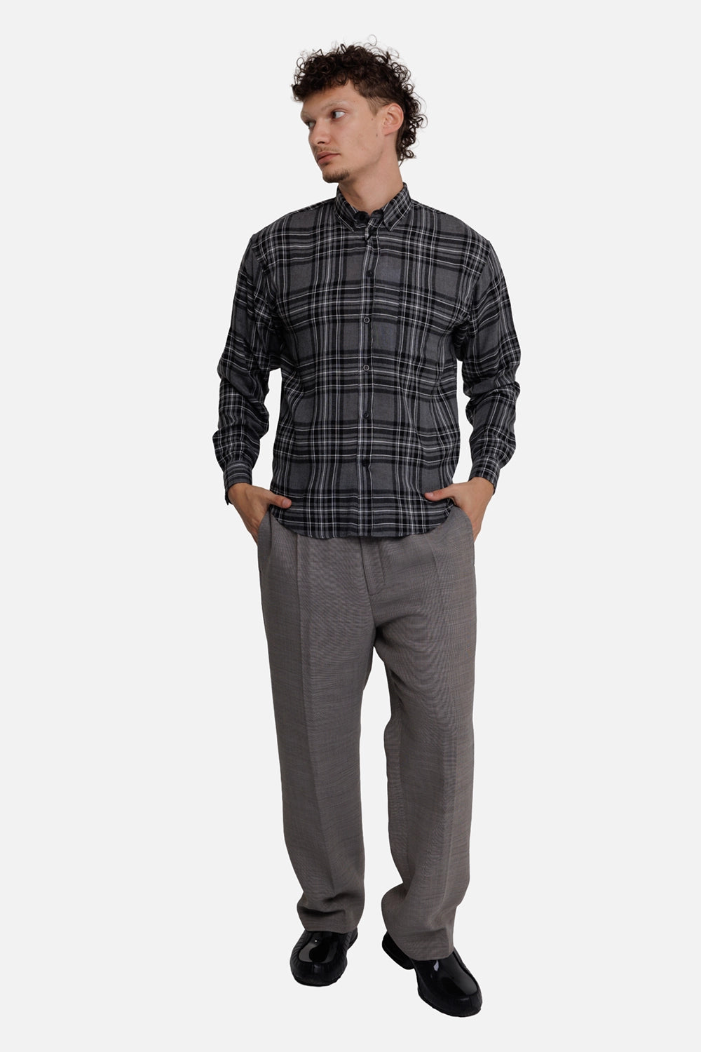 MSGM men's grey plaid shirt, full-length on-model view with button-down collar and curved hem
