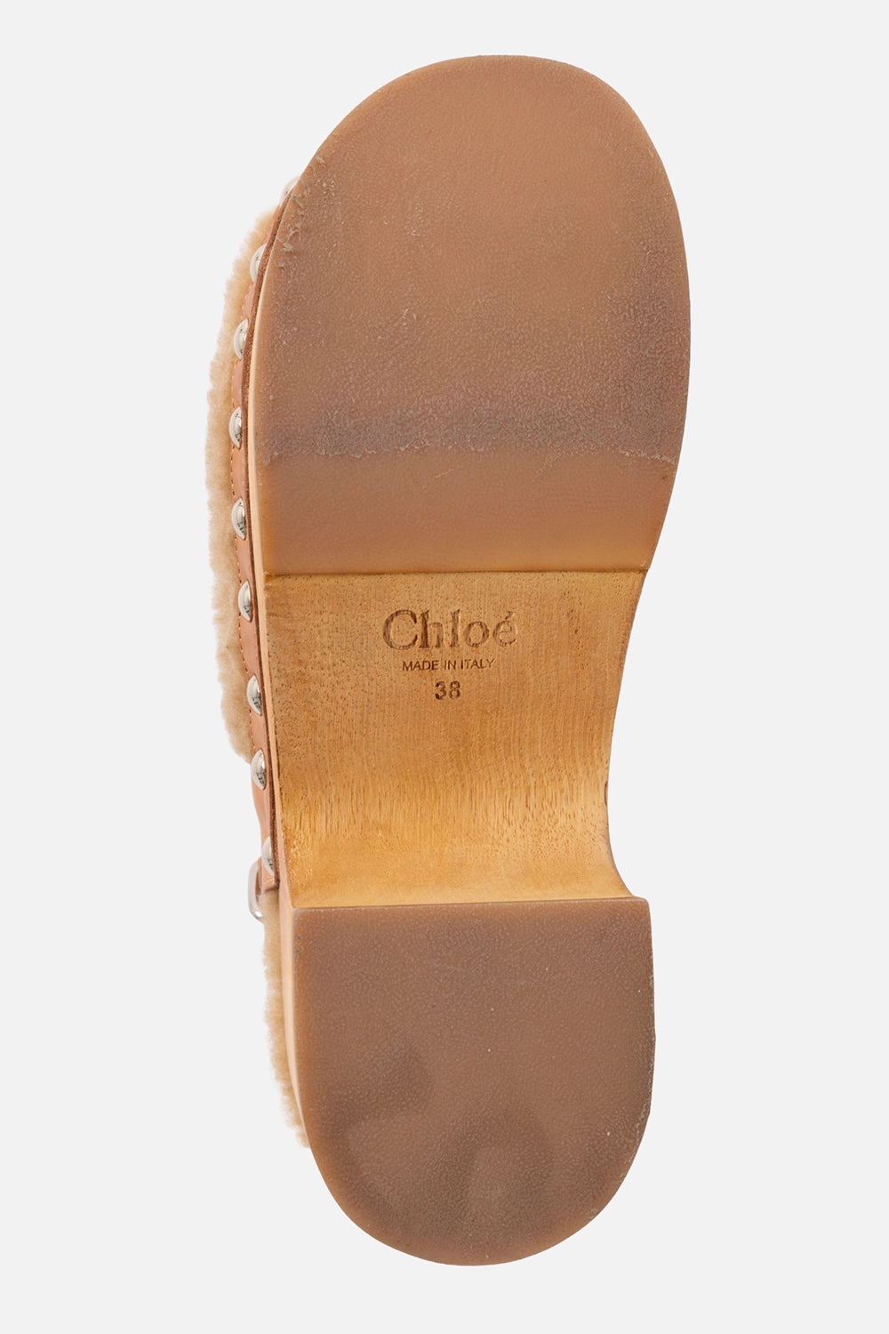 Pre-owned Chloé platform clog sandals in beige, sole view, stamped logo on wooden midsole and rubber outsole.