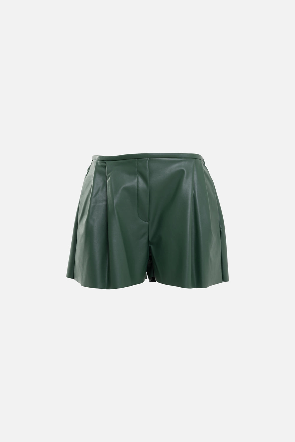 Norma Kamali men's pleat shorts in dark emerald, front view, smooth vegan leather with crisp front pleats
