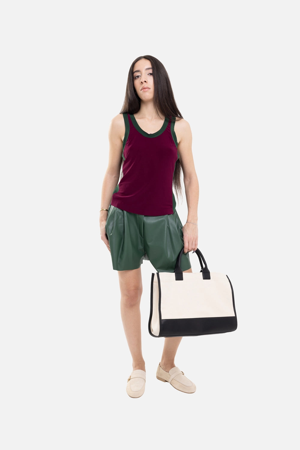 Norma Kamali men's pleat shorts in dark emerald, on-model full-length, relaxed fit with front pleats