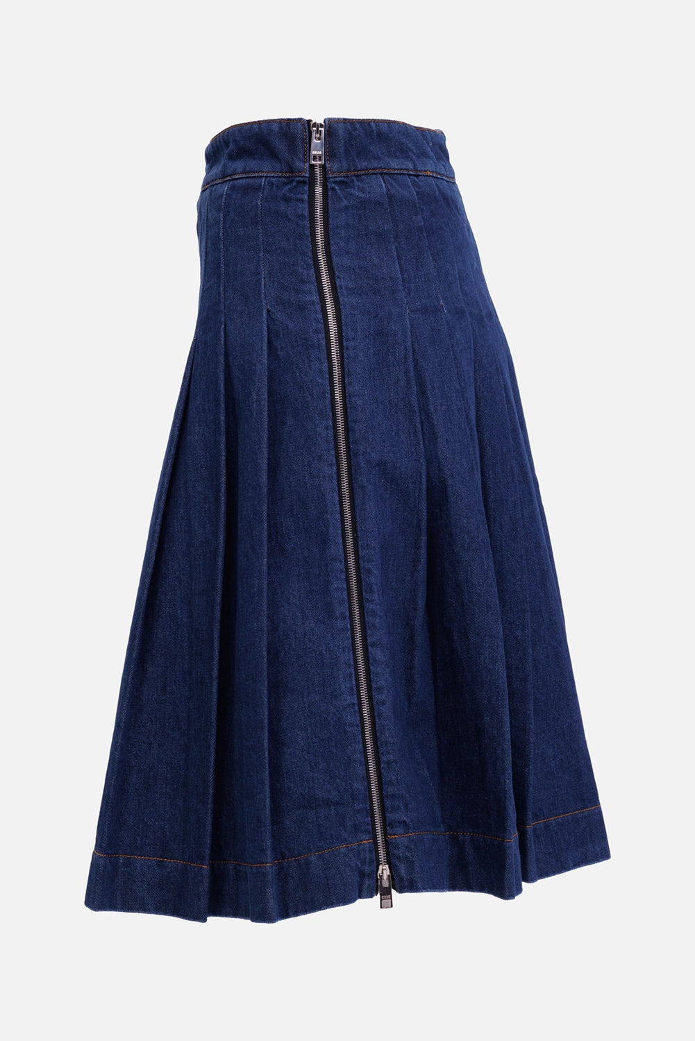 MSGM women's denim midi skirt in dark blue, back view with full-length exposed metal zip and pleated shape