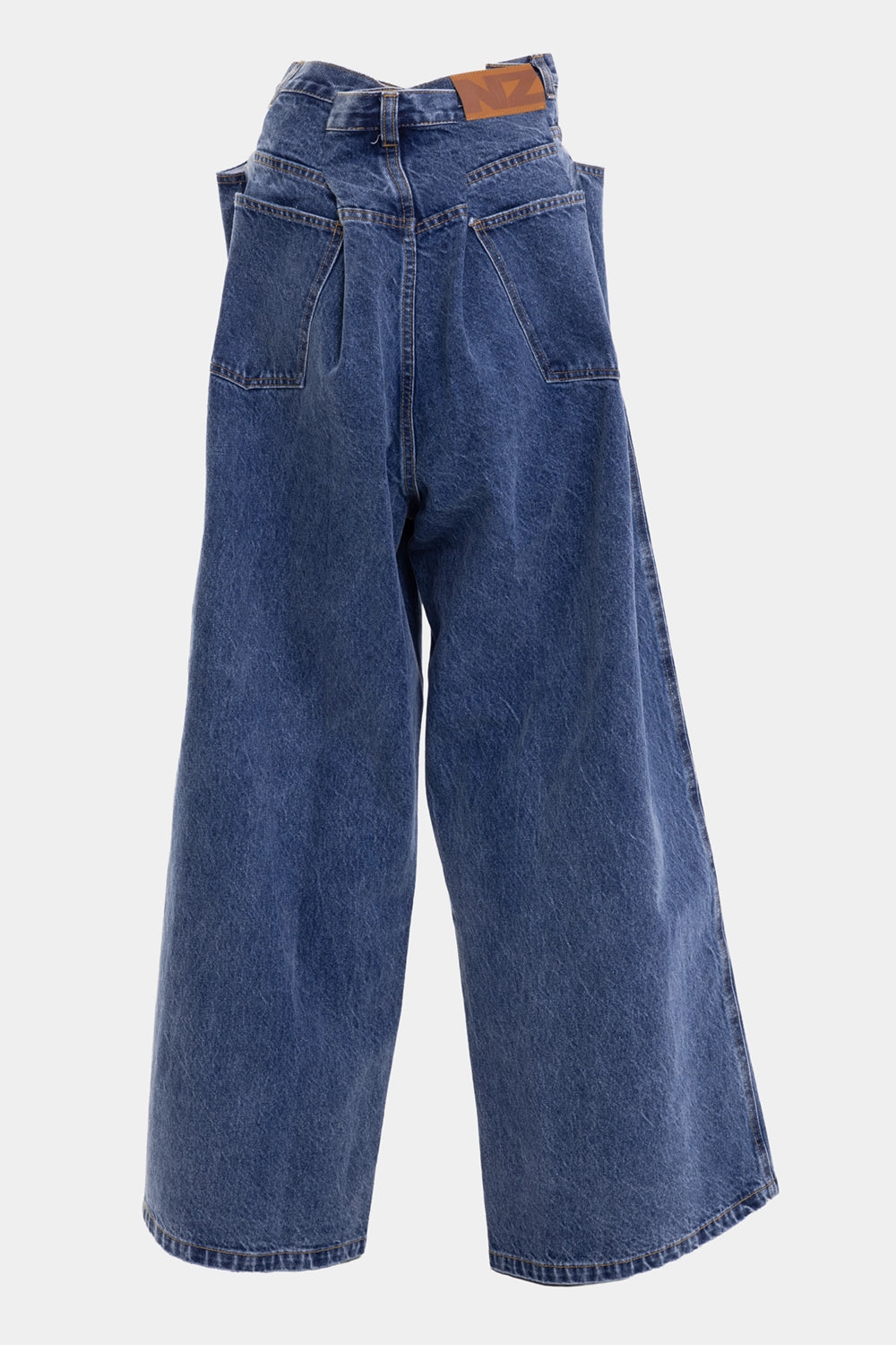 Natasha Zinko unisex pleated jeans in dark wash, back view, patch pockets and NZ logo waist patch