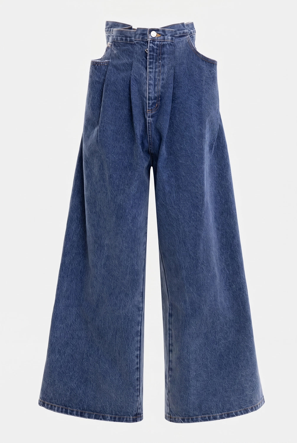 Natasha Zinko unisex pleated jeans in dark wash, front view, deep front pleats and wide-leg shape
