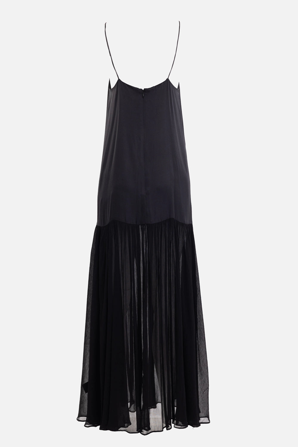 ANINE BING women's maxi dress in Black, front view with sheer pleated skirt and thin straps