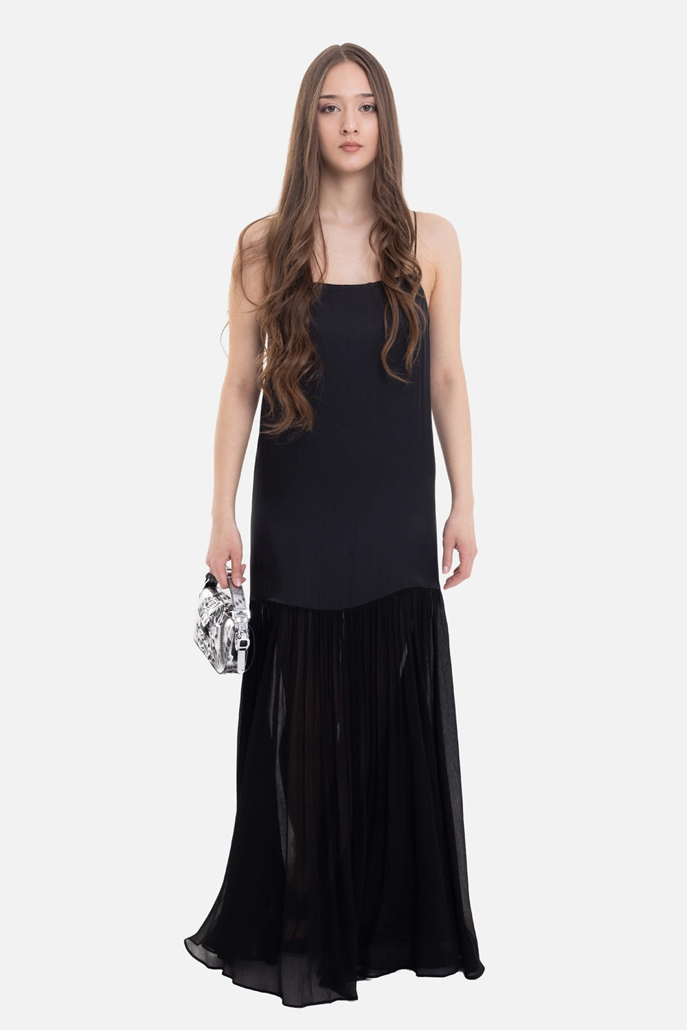 ANINE BING women's maxi dress in Black, on-model full-length view with slim straps and sheer skirt