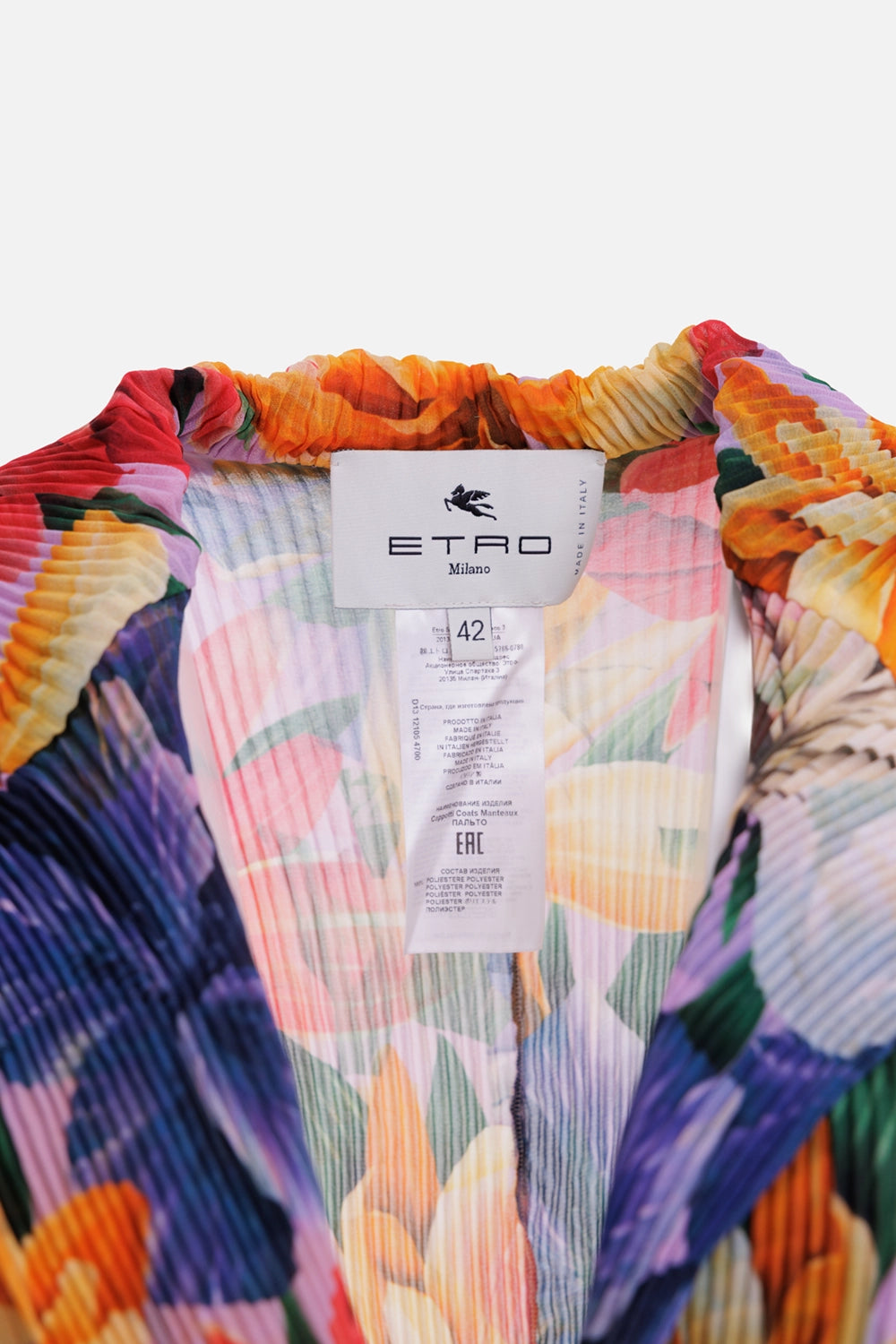 Etro women's dress in multicolor, label detail, white neck tag and 100% polyester care label
