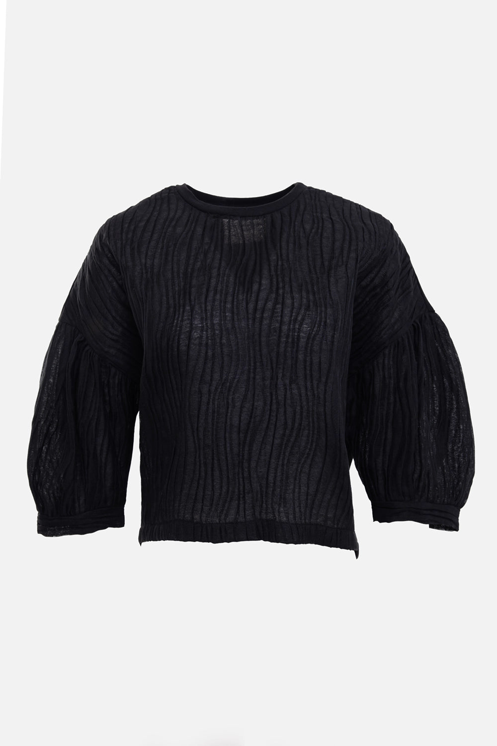Masnada women's cropped top in black, front view, semi-sheer pleated texture and round neckline