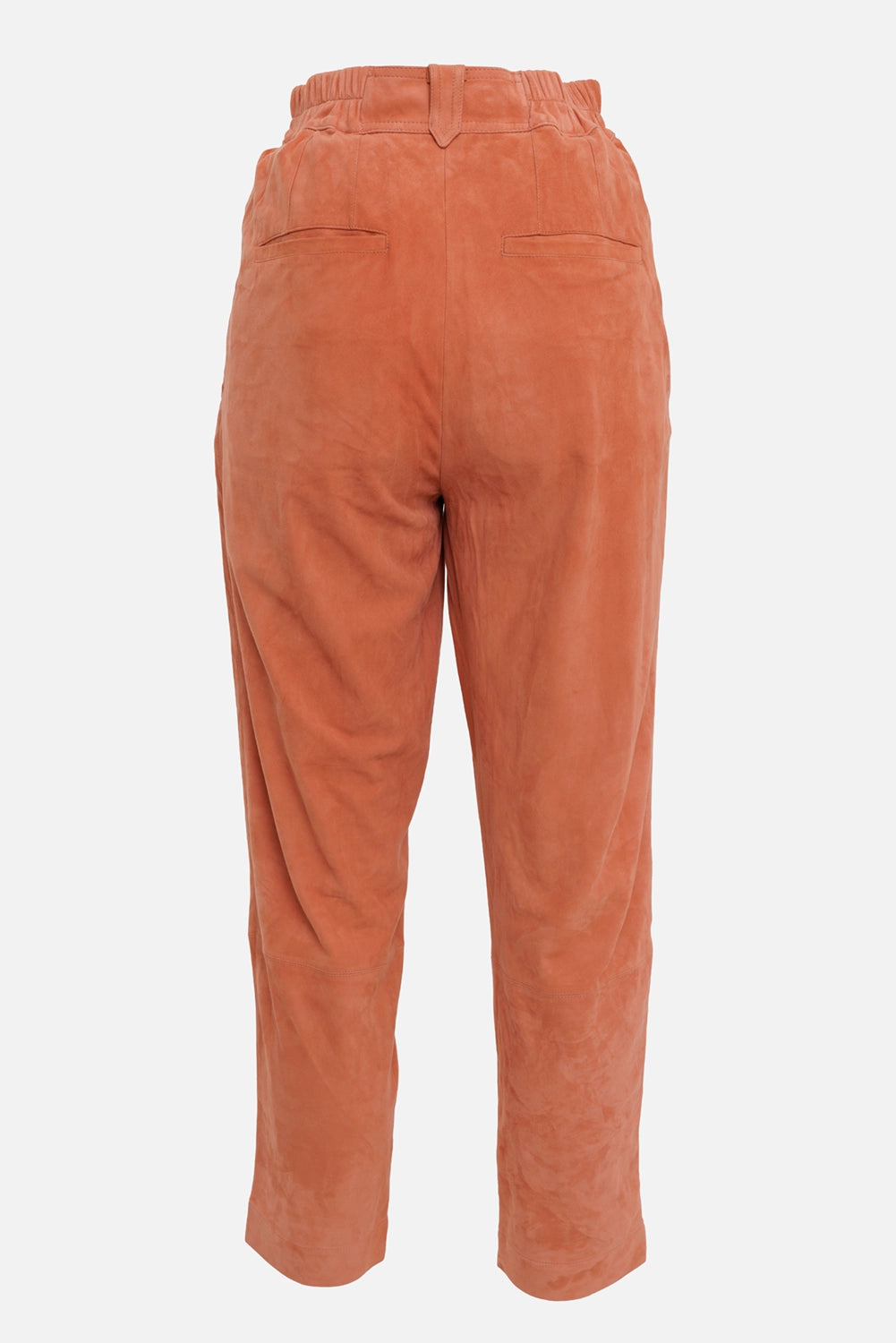 Gentry Portofino women's leather trousers in rust orange, back view with elastic waist and welt pockets