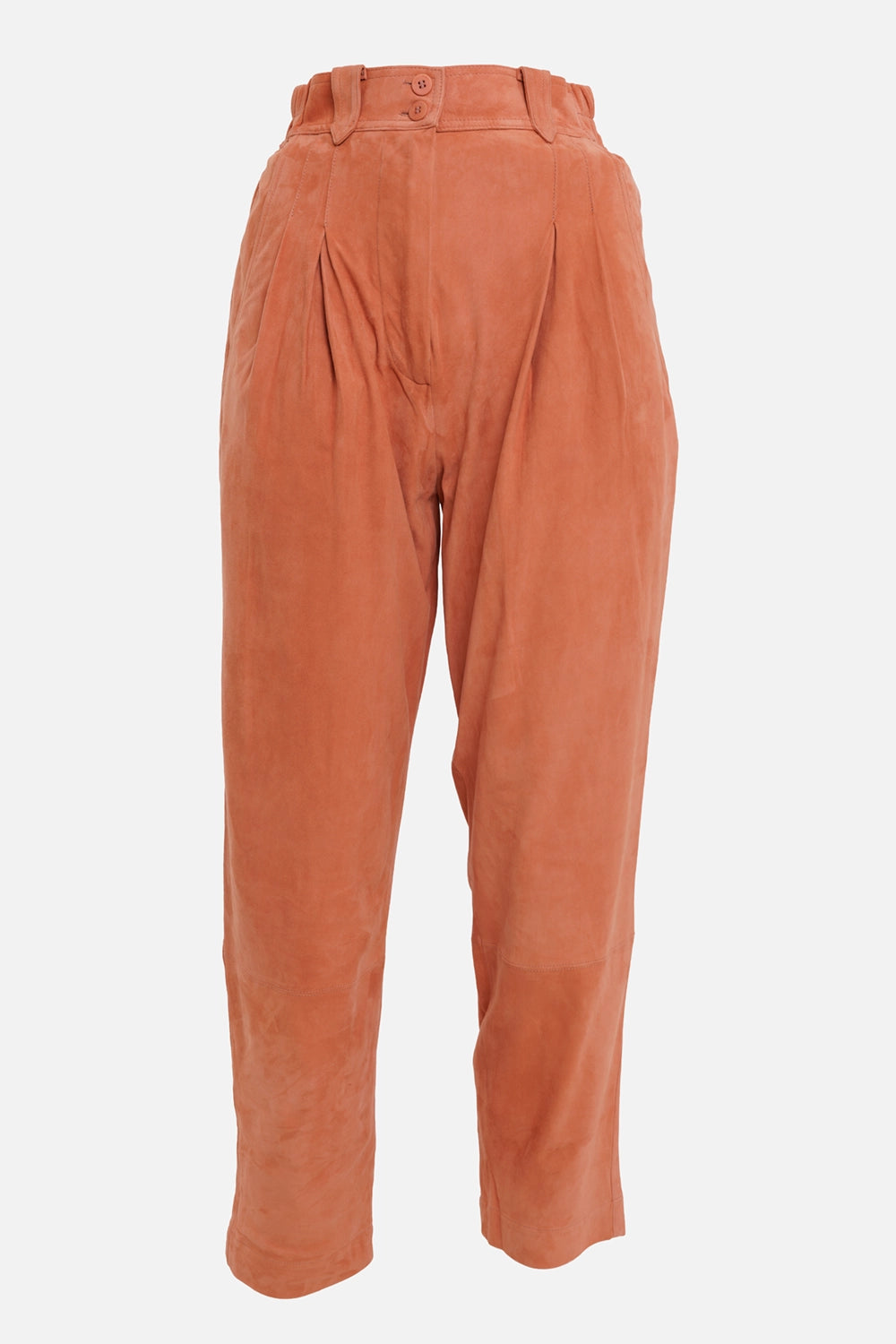 Gentry Portofino women's leather trousers in rust orange, front view with pleats, double buttons and belt loops