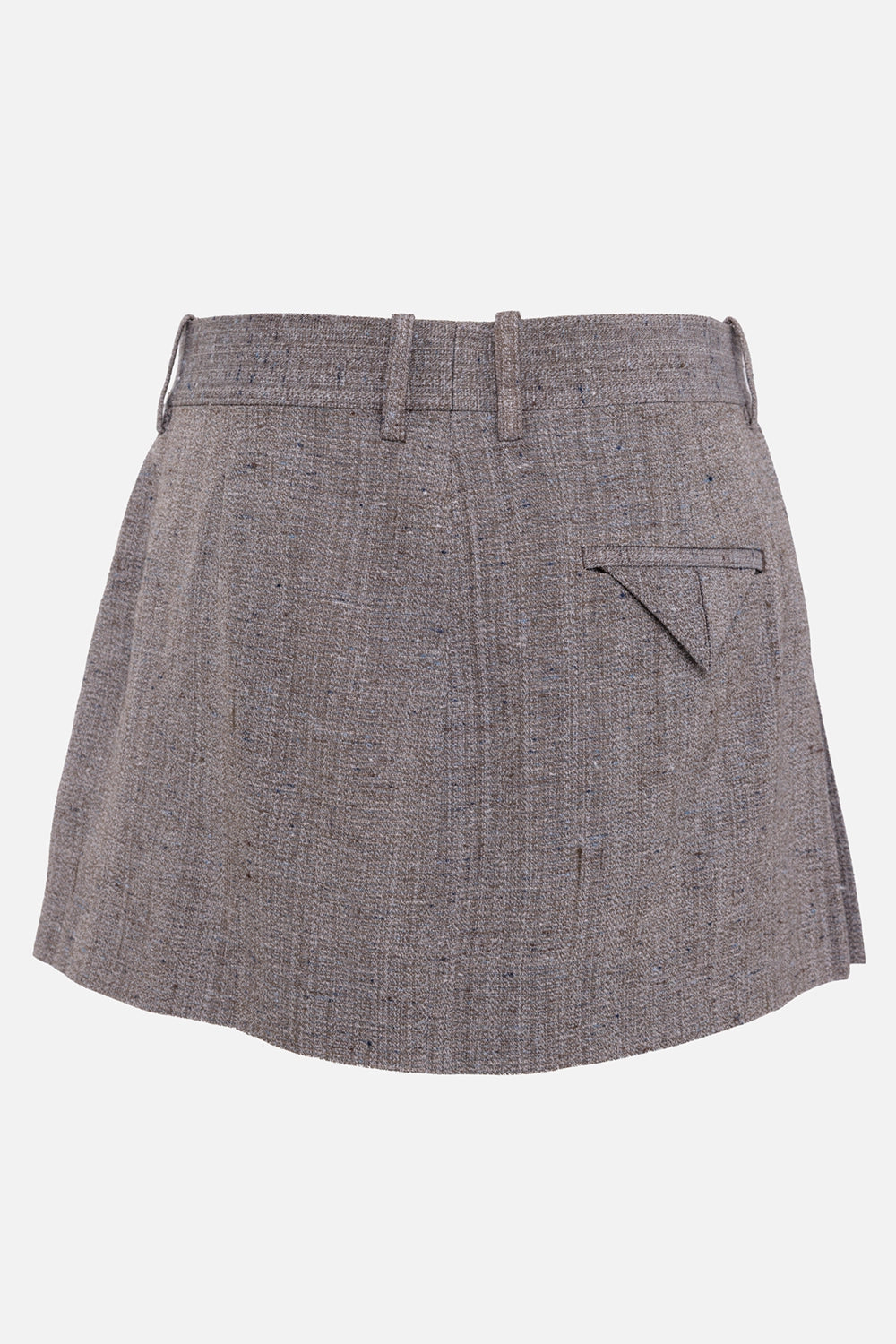 Bottega Veneta women's pleated mini skirt in brown, back view with single welt pocket and triangular flap