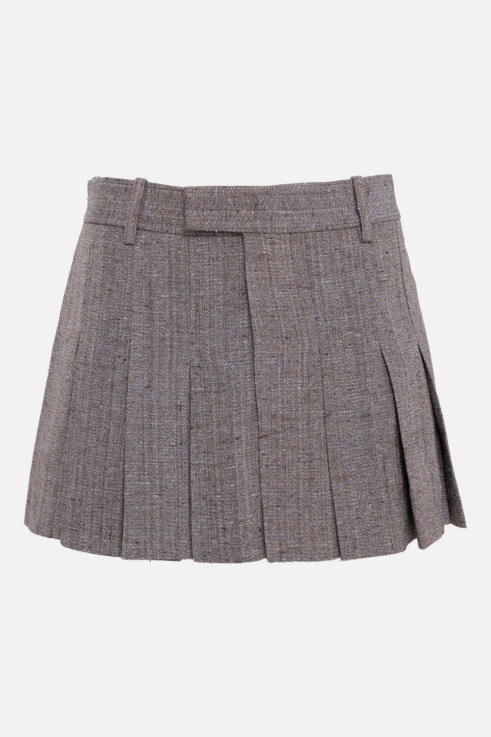 Bottega Veneta women's pleated mini skirt in brown, front view with crisp pleats and extended waistband tab