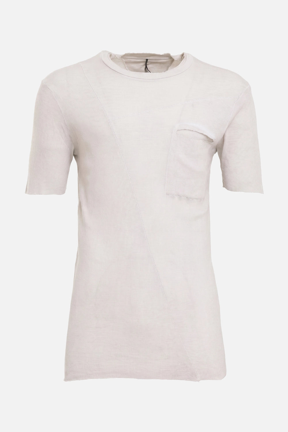 Masnada men's T-shirt in cement grey, front view with raw chest pocket and diagonal seam