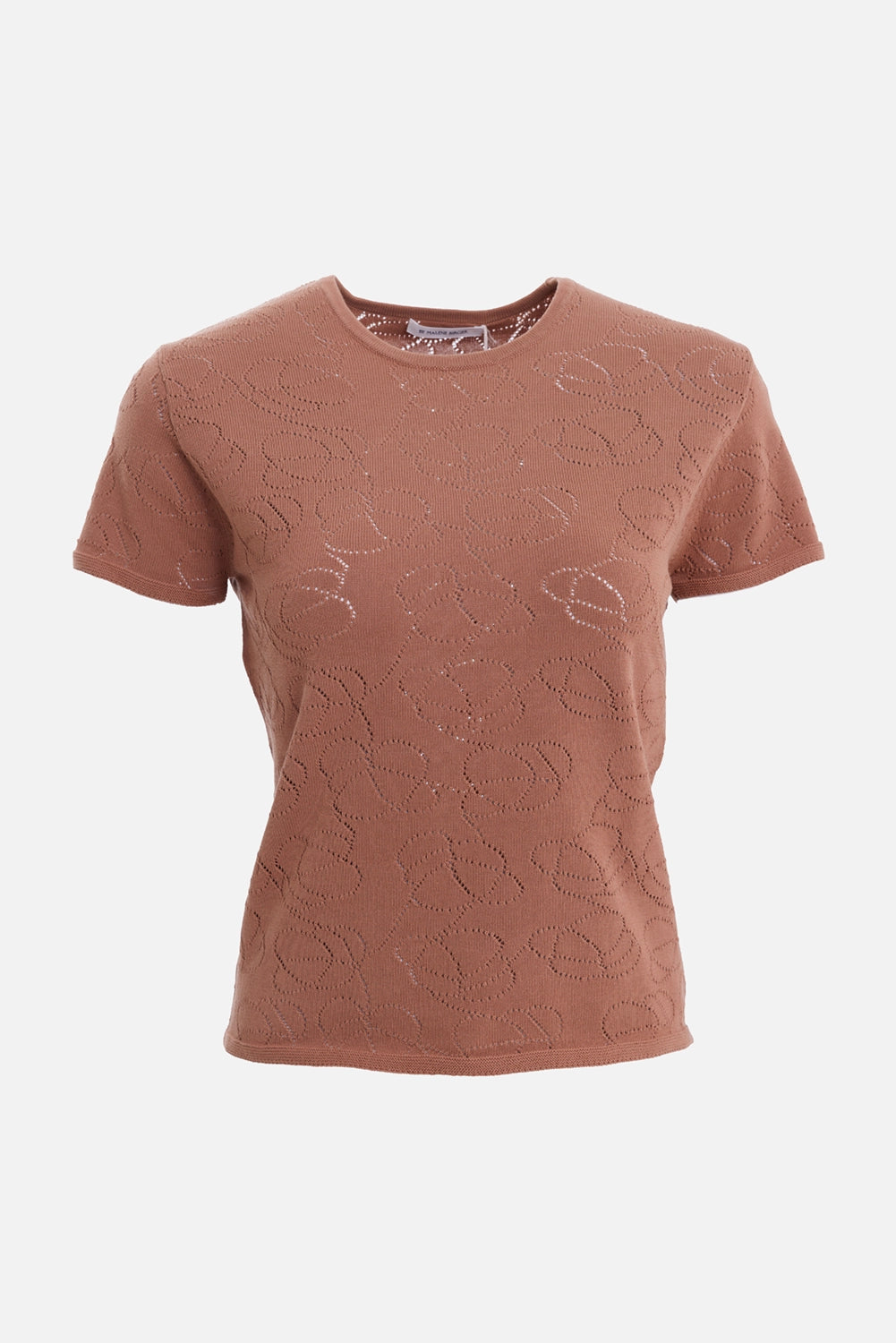 By Malene Birger women's T-shirt in latte brown, front view with round neck and openwork monogram knit