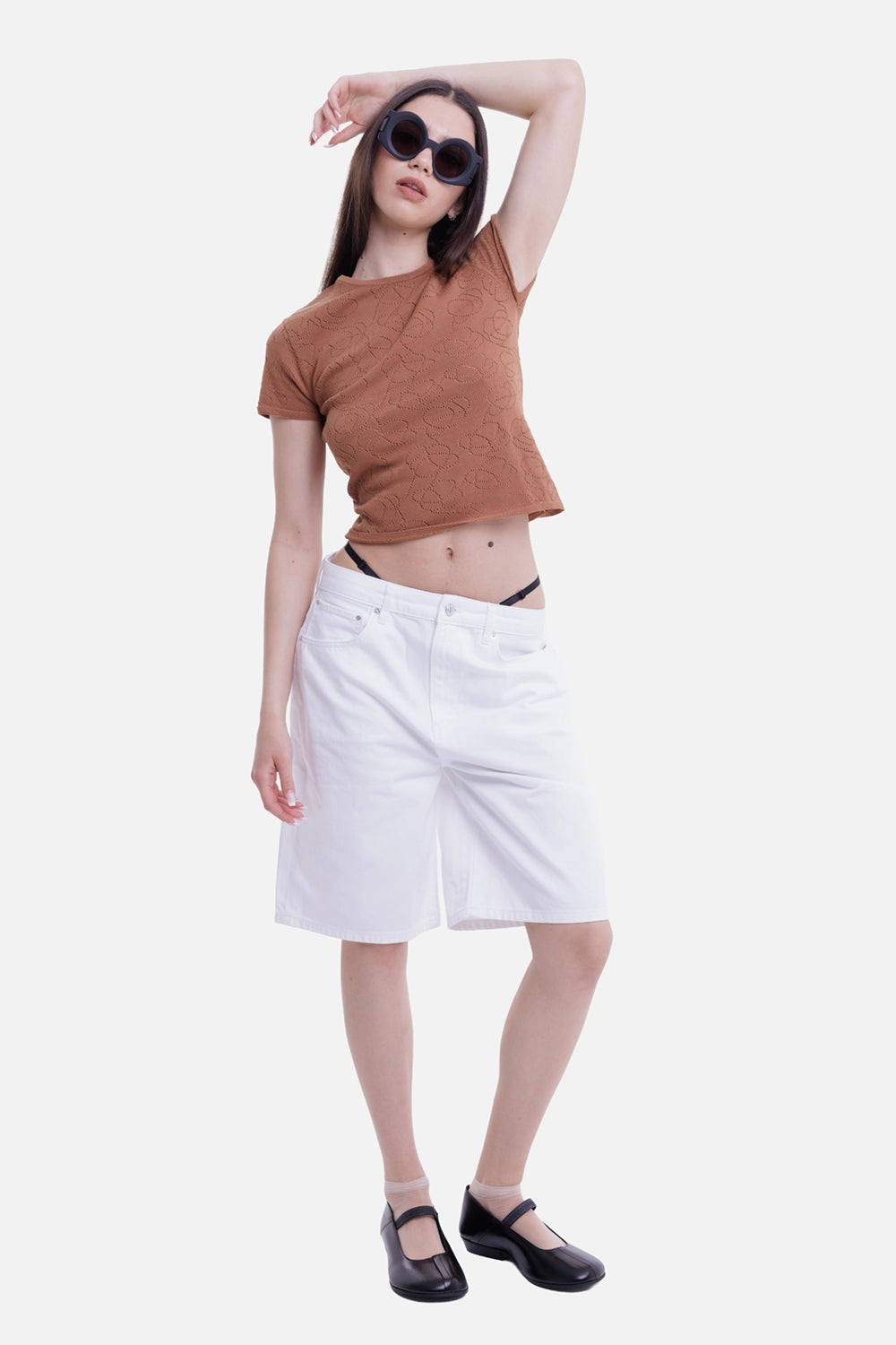 By Malene Birger women's T-shirt in latte brown, on-model view with cropped fit and pointelle monogram