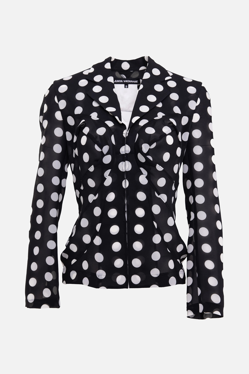 Junya Watanabe women's blouse in black and white, front view, notched lapels and sculpted bust seams