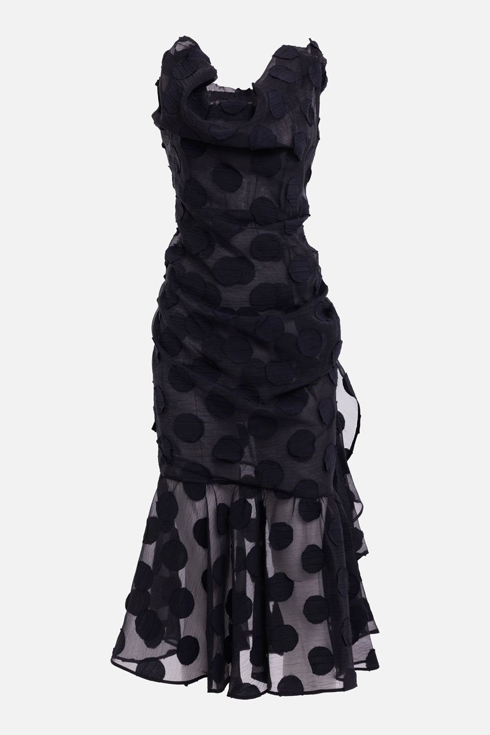 Vivienne Westwood women's black polka-dot midi dress, front view with draped neckline and asymmetric frills