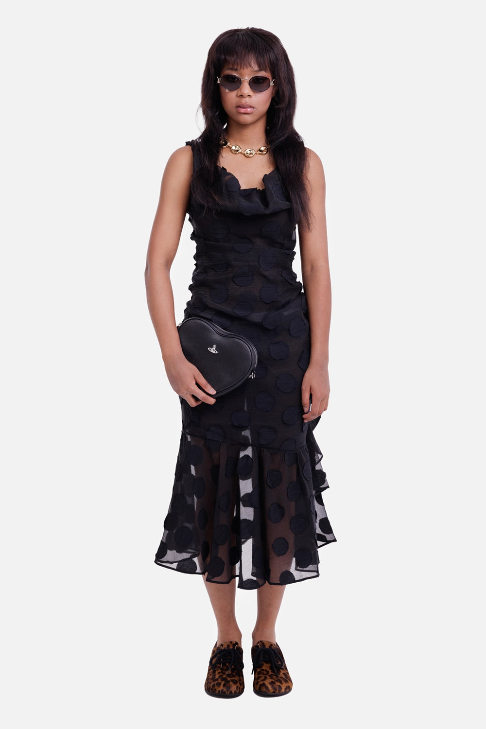 Vivienne Westwood women's black polka-dot midi dress, full-length model view with sheer flounced hem
