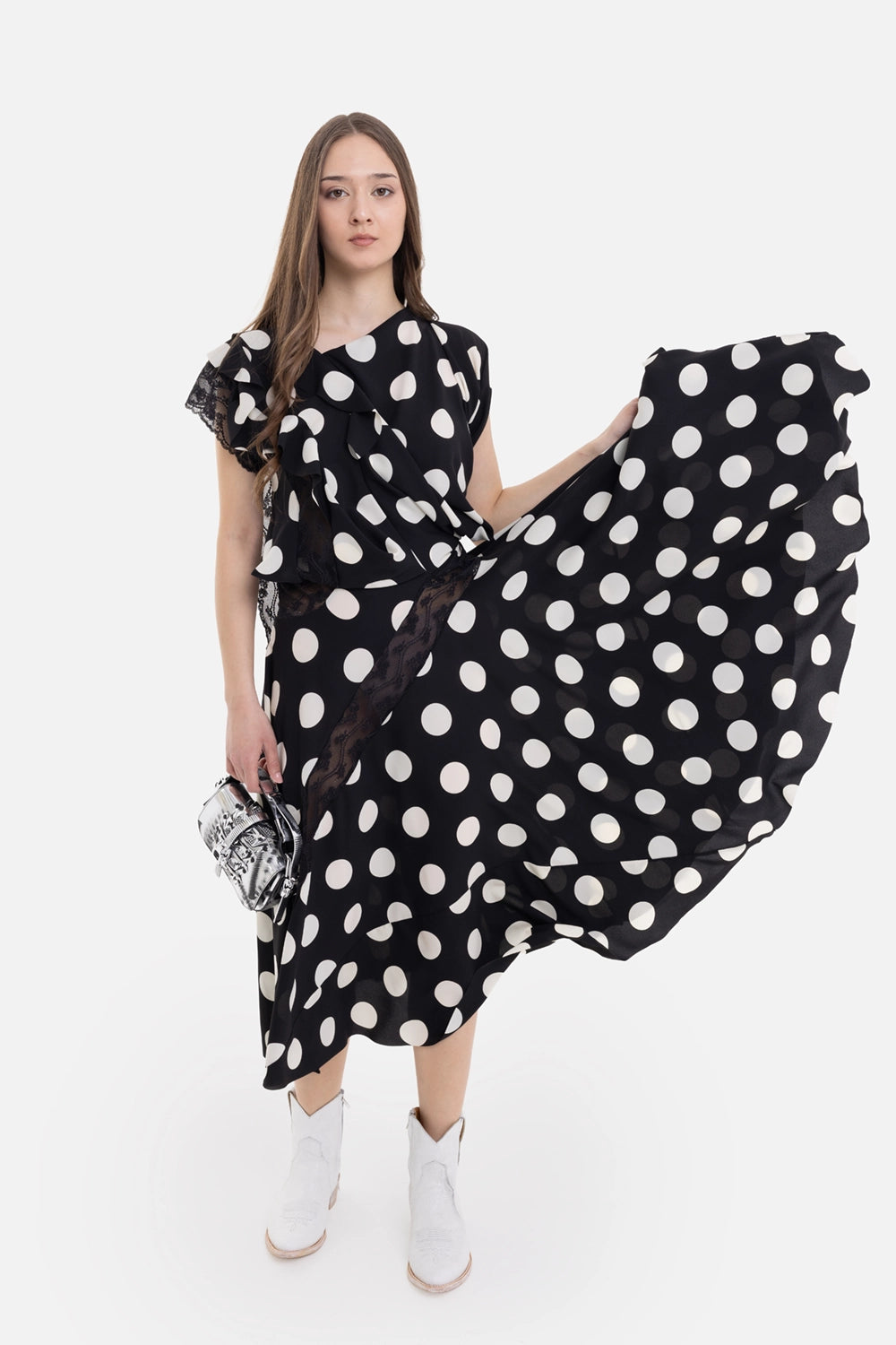Junya Watanabe women's maxi dress in Black/White, on-model full-length view with lifted polka-dot skirt
