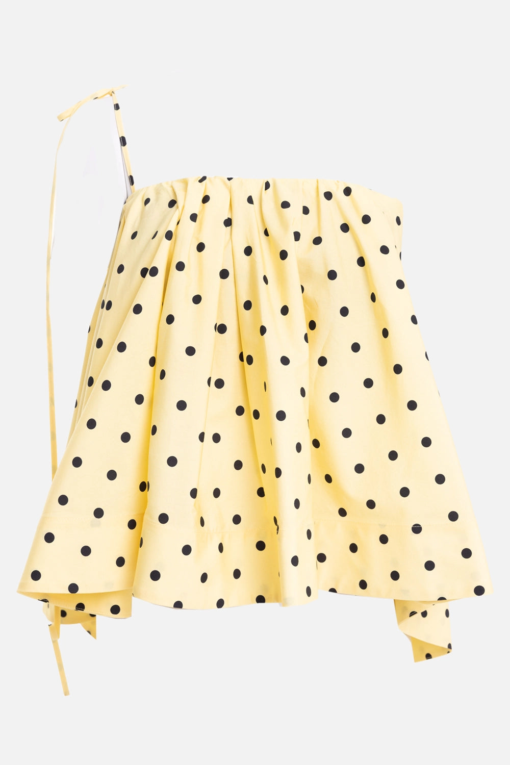 MSGM women's bandeau top in Yellow, front view, black polka dots and gathered flared hem
