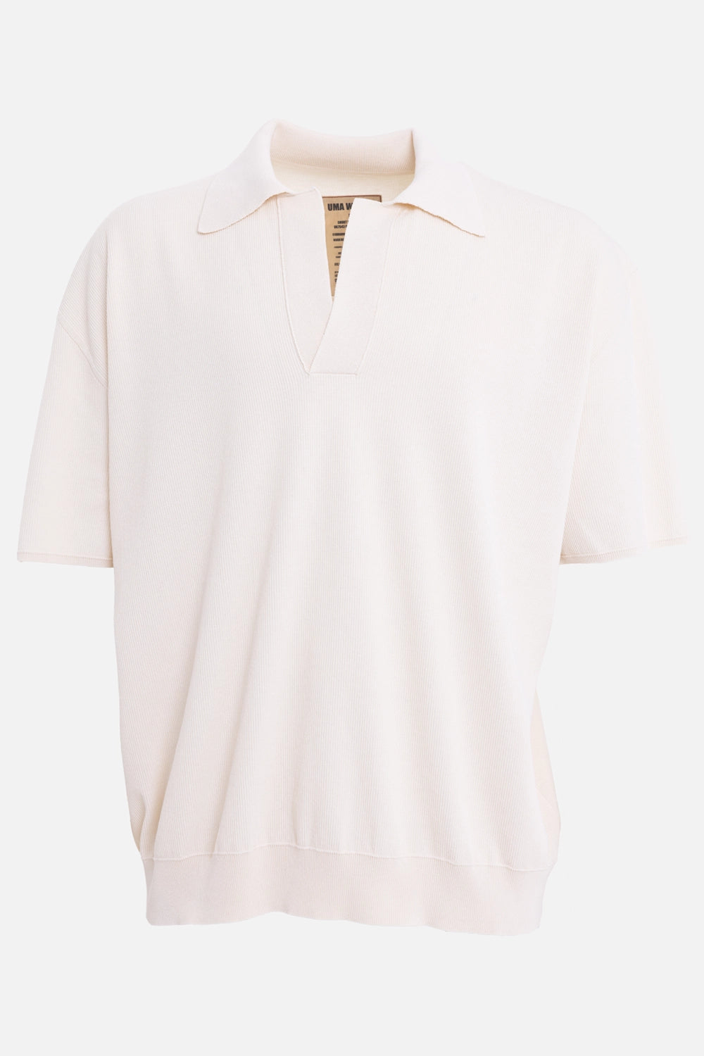 Uma Wang men's polo shirt in off white, front view, open collar and deep ribbed hem