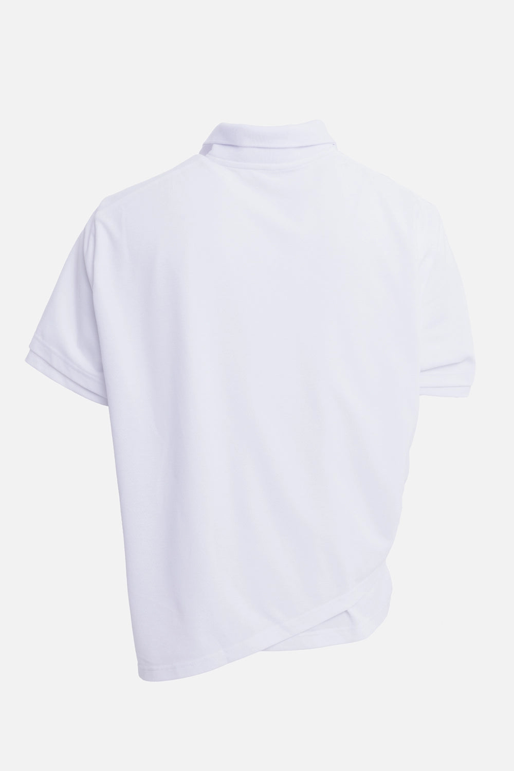 Natasha Zinko men's white polo shirt, back view with offset layered hem and relaxed fit