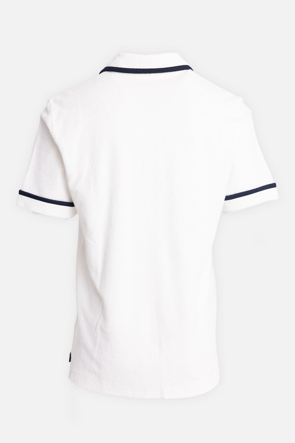 Orlebar Brown men's polo shirt in White Sand/Night Iris, back view, plain terry body and navy collar trim