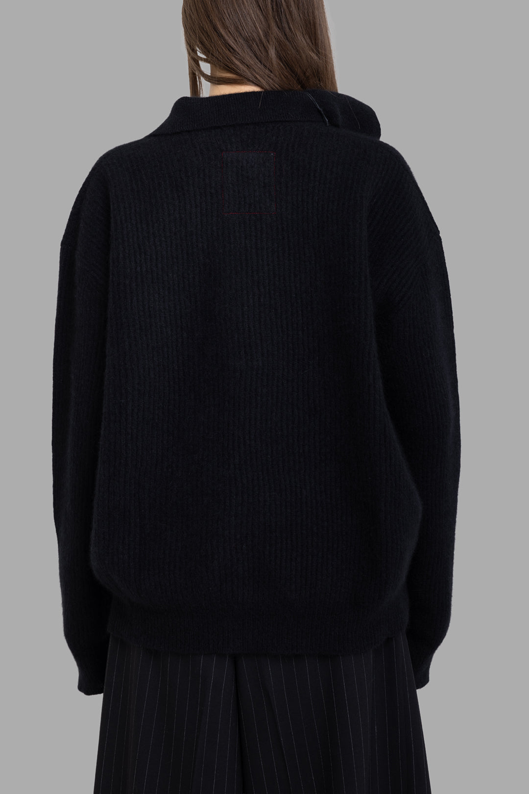 Uma Wang women's black raccoon polo sweater, back view, soft ribbed texture and relaxed drape