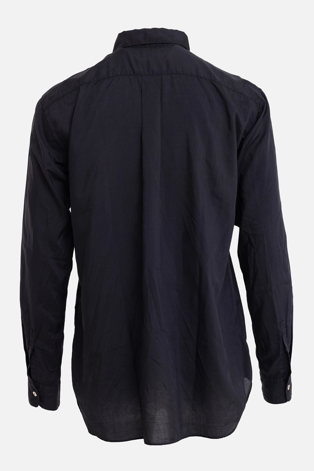 Comme des Garçons Homme Deux men's shirt in navy, back view with center back pleat and curved hem