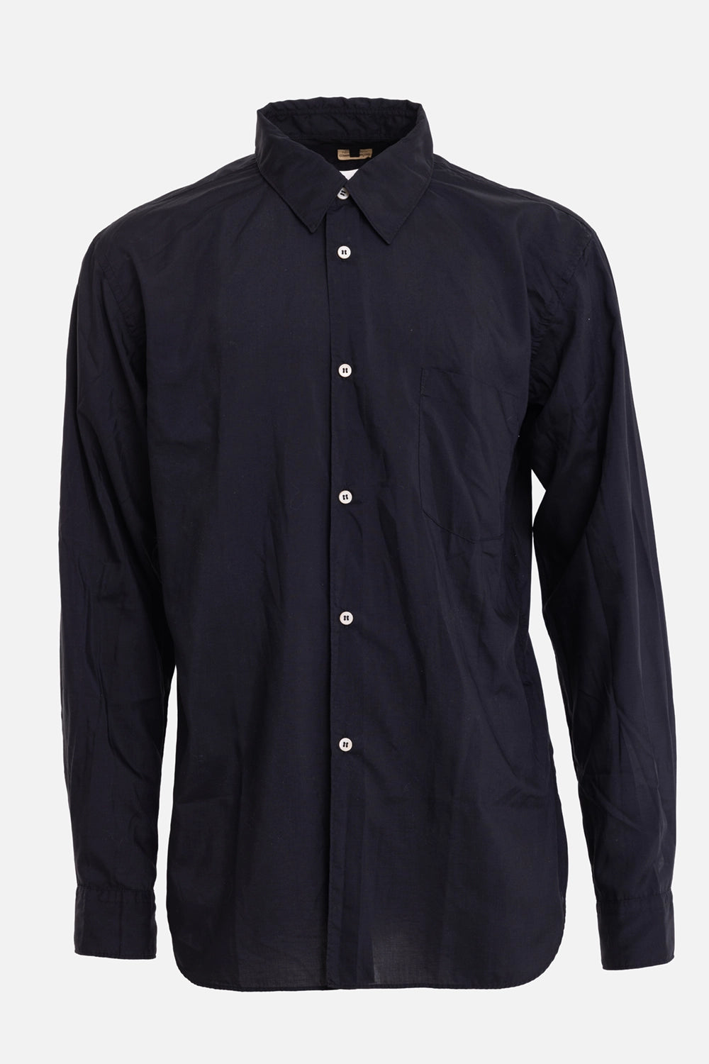 Comme des Garçons Homme Deux men's shirt in navy, front view with chest pocket and white button placket